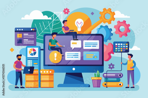 Characters install software on a computer while using digital tools and gears in a vibrant workspace, Installing computer software, illustrated in a flat style.