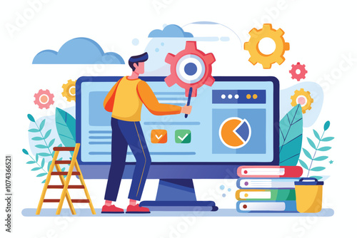 A person is engaged in installing software on a computer while tools and data visualizations are present, Installing software with flat illustrations is a popular trend.