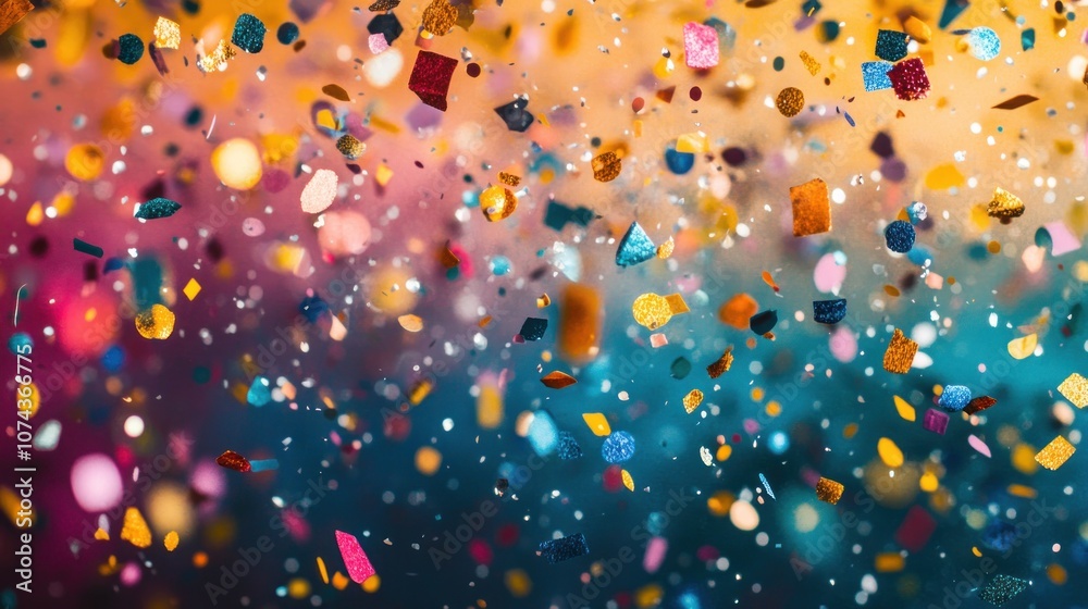 Vibrant background with confetti-like splashes in various colors, creating a festive and celebratory vibe