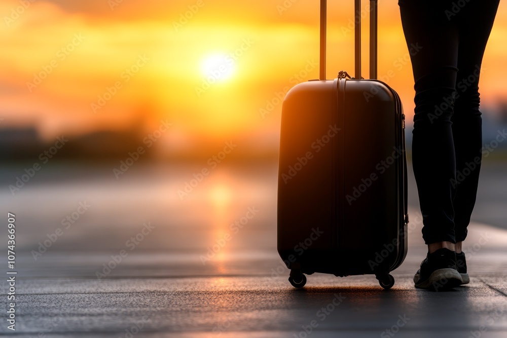 A person walking with a suitcase at sunset A person walking with a suitcase at sunset