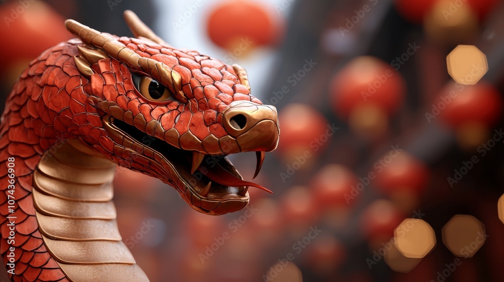 A vibrant red dragon statue with intricate scales and fierce expression, set against a backdrop of glowing lanterns.