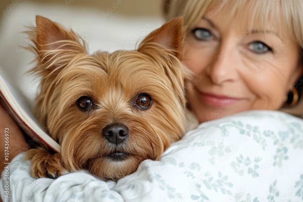 A woman holding a dog and reading a book A woman holding a dog and reading a book