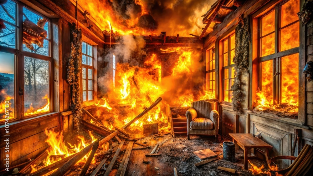 Intimate Macro Photography of a Burning Home's Interior with Flames, Smoke, and Sunlight Streaming Through Windows Intimate Macro Photography of a Burning Home's Interior with Flames, Smoke, and Sunlight Streaming Through Windows