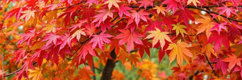 Vibrant autumn maple leaves on branch with blurred background, scenic, outdoors Vibrant autumn maple leaves on branch with blurred background, scenic, outdoors