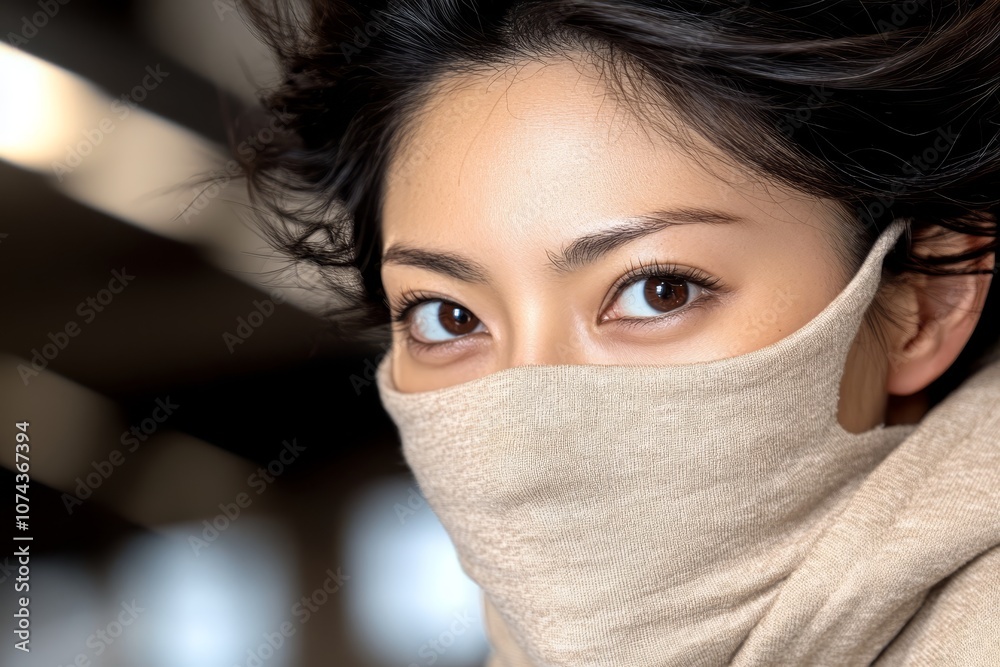 A woman wearing a face mask looking at the camera A woman wearing a face mask looking at the camera