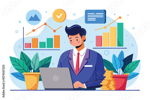 An investor tracks dividend growth on a laptop while surrounded by charts, plants, and gold coins, Investor using laptop to track dividend growth, analyze profit graphs, flat illustration.