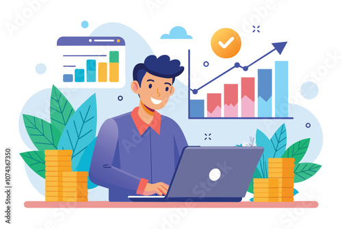 A focused investor analyzes dividend growth trends on a laptop amidst stacks of coins and graphs, Investor using laptop to track dividend growth, analyze profit graphs, flat illustration.