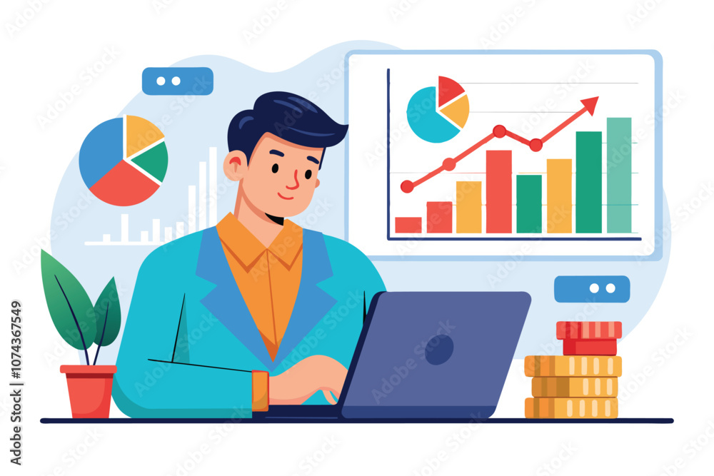 An investor analyzes a report on a laptop, observing static market data charts and graphs, Investor watches report chart, no change.