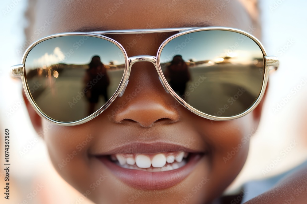 A young boy wearing a pair of sunglasses smiles at the camera A young boy wearing a pair of sunglasses smiles at the camera
