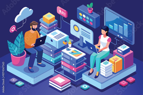 Two professionals conduct software testing in a vibrant office filled with technology and resources, Isometric and flat illustrations of software testers.