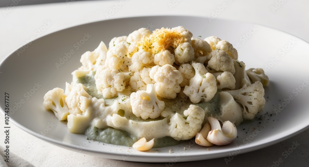 Cauliflower mashed potatoes with garlic closeup. Cauliflower mashed potatoes with garlic closeup.