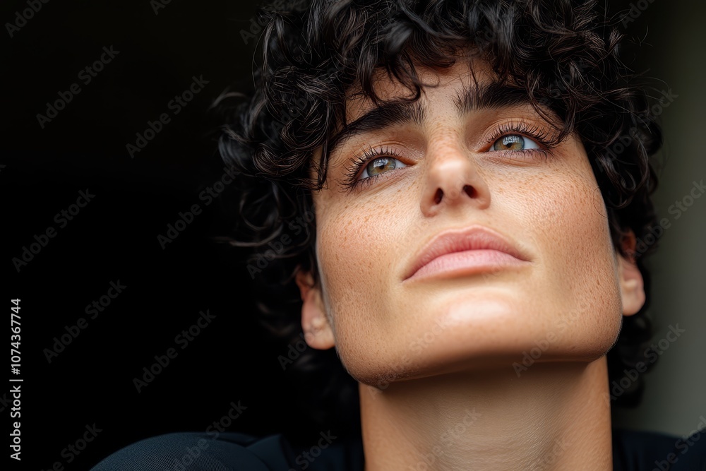A close up of a woman's face with curly hair A close up of a woman's face with curly hair