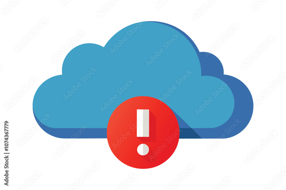 A blue cloud icon features a red warning symbol underneath, indicating a problem with cloud storage, Issue with cloud storage, simple illustration