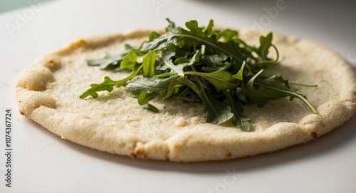 Cauliflower pizza crust with arugula closeup. photo