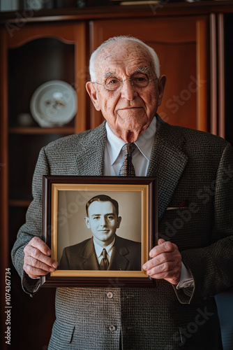 An elderly man in a suit, proudly holding a framed picture of his younger self photo