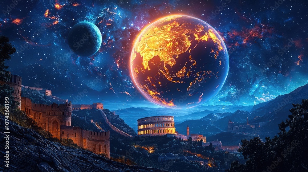 Astronomical landscape featuring the Earth and ancient landmarks under a starry sky. Astronomical landscape featuring the Earth and ancient landmarks under a starry sky.