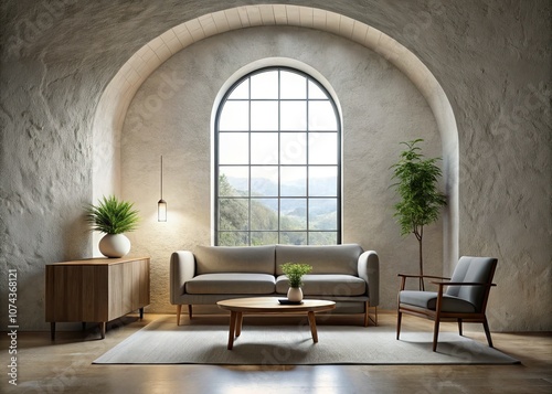 Minimalist Interior Design with Arched Window and Stone Wall in Long Exposure for Serenity and Style