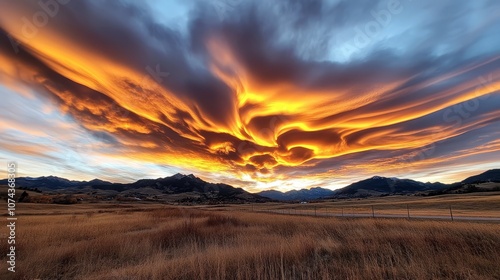 A colorful sunset over a grassy field with mountains in the background