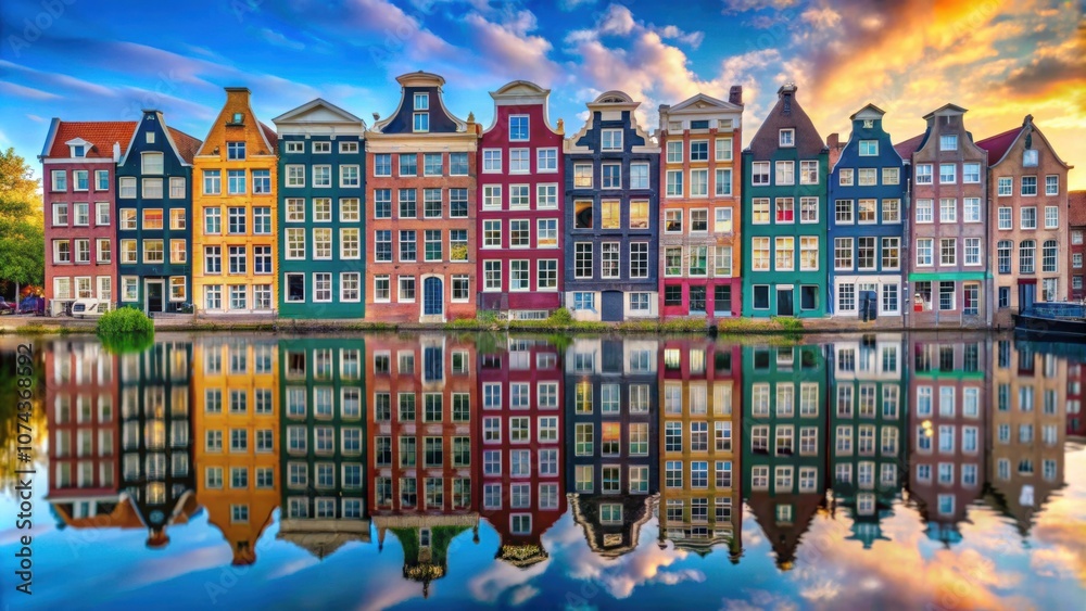 Fototapeta premium Colorful canal houses reflecting in the water, creating a charming and picturesque scene, Canal, Houses