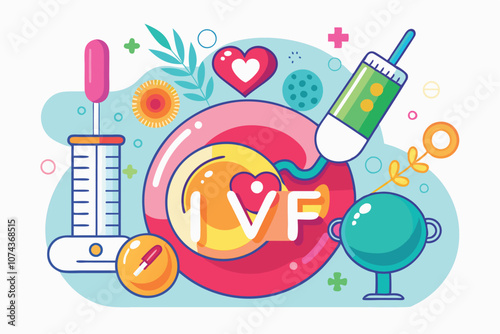 A vibrant illustration showcases IVF tools, eggs, and symbols reflecting fertility and health in a playful design, IVF Customizable Disproportionate Image