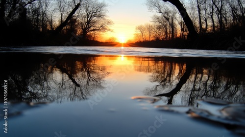 A sunset over a body of water with trees reflected in it