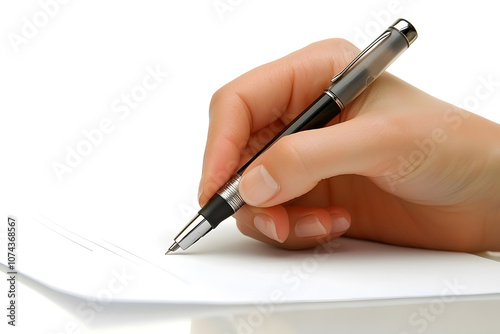 A hand with a pen fills out a plain white paper