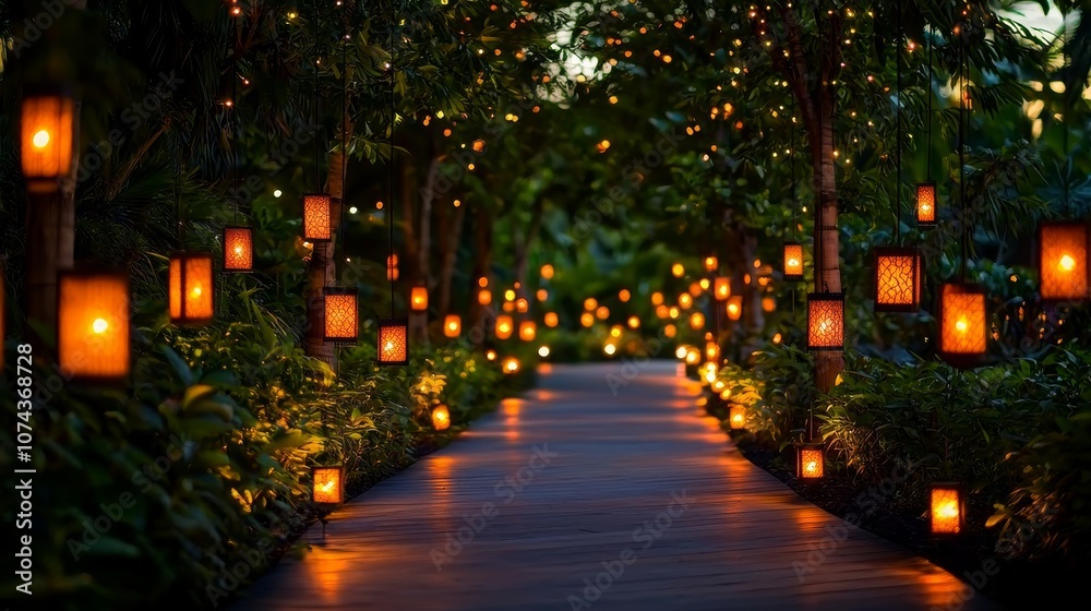 A serene garden path illuminated by glowing lanterns, creating a magical, inviting atmosphere surrounded by lush greenery. A serene garden path illuminated by glowing lanterns, creating a magical, inviting atmosphere surrounded by lush greenery.