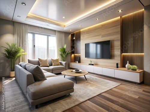 Minimalist Media Room Design with Sleek Sofa and Wall-Mounted TV for Modern Aesthetic