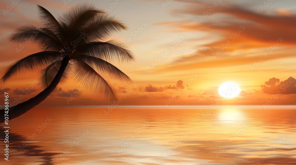 A palm tree is silhouetted against a sunset over the ocean A palm tree is silhouetted against a sunset over the ocean