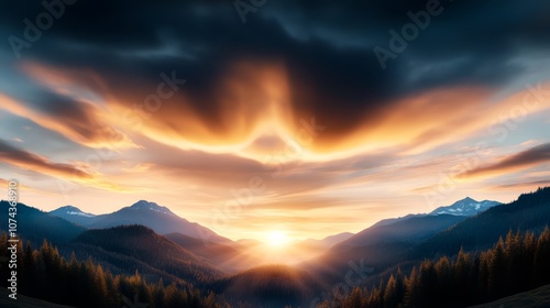 A sunset over a mountain range with trees in the foreground