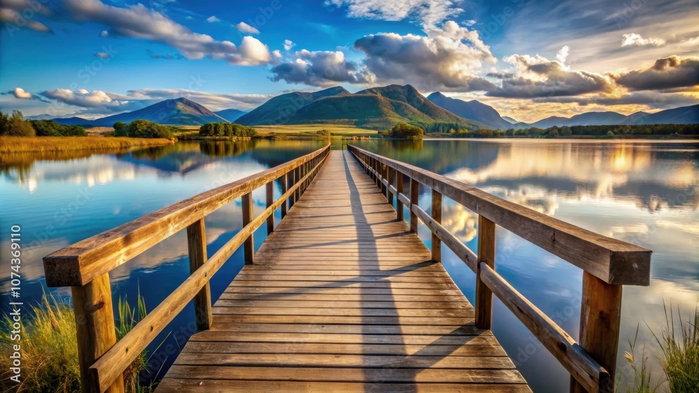 Naklejka premium Empty wooden bridge with lake mountain and sky landscape background, wooden, bridge, lake, mountain, sky, landscape