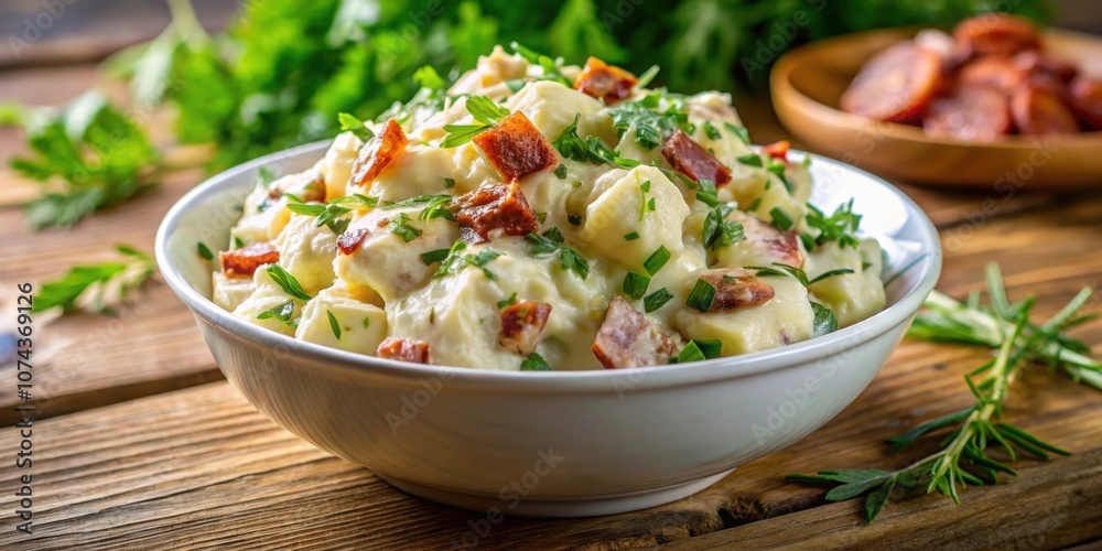 Creamy potato salad with fresh herbs and crispy bacon, potato, salad, creamy, fresh herbs, bacon, mayonnaise, side dish Creamy potato salad with fresh herbs and crispy bacon, potato, salad, creamy, fresh herbs, bacon, mayonnaise, side dish