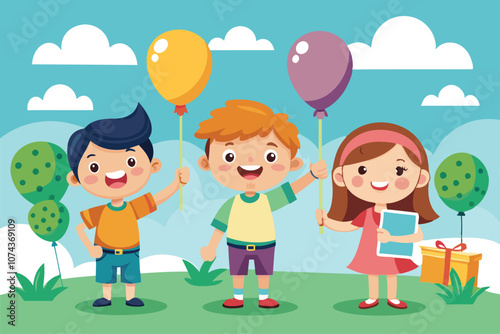 Three kids happily hold colorful customizable balloons while playing in a vibrant park under blue skies, Kids with customizable balloons illustration