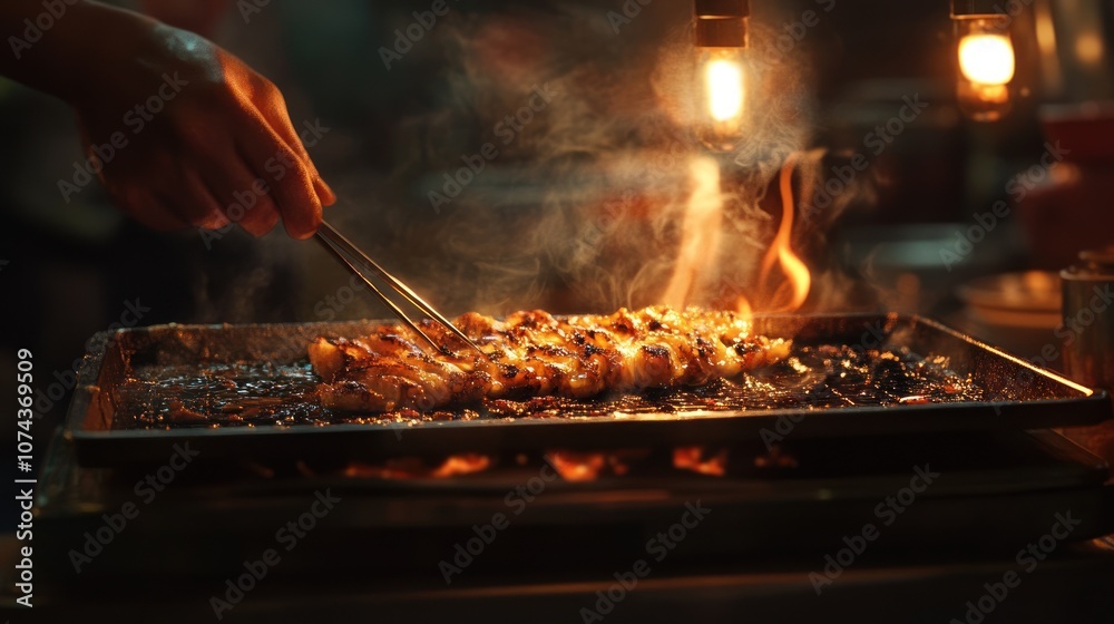 Close-up of Food Grilling with Flames Close-up of Food Grilling with Flames