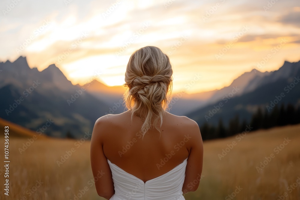 A woman in a wedding dress standing in a field with mountains in the background A woman in a wedding dress standing in a field with mountains in the background