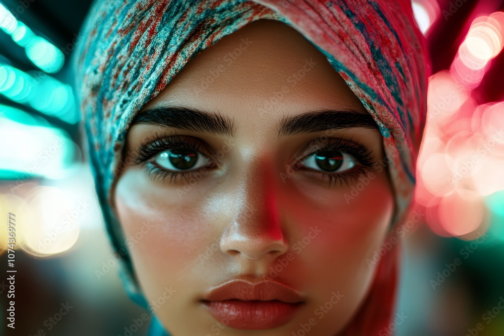 A close up of a woman with a turban on her head