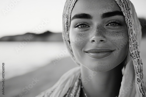 A black and white photo of a woman with freckles on her face