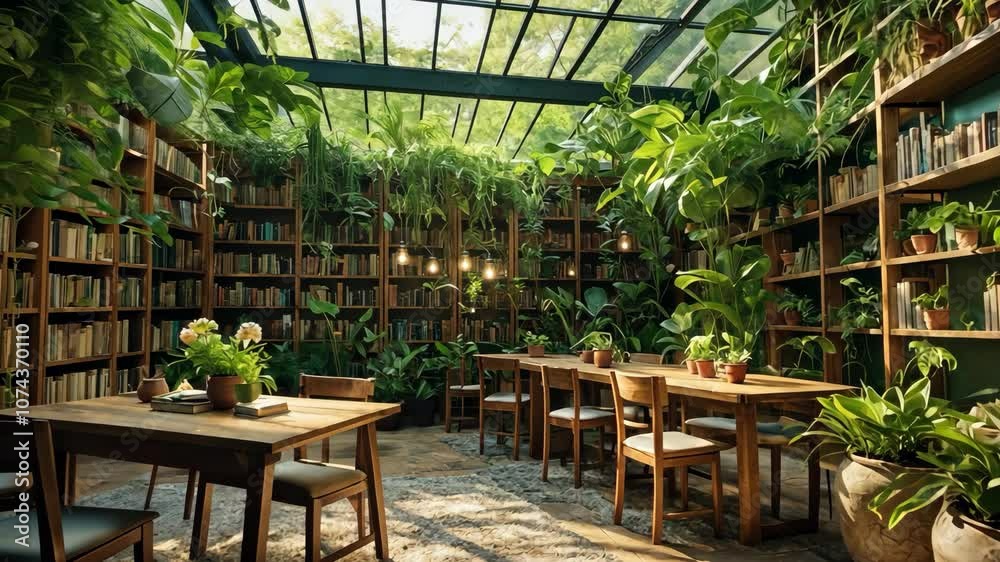 Video of lush, green indoor library with wooden tables and chairs, surrounded by bookshelves and abundant plants under a glass ceiling, creating a serene and natural reading environment Video of lush, green indoor library with wooden tables and chairs, surrounded by bookshelves and abundant plants under a glass ceiling, creating a serene and natural reading environment