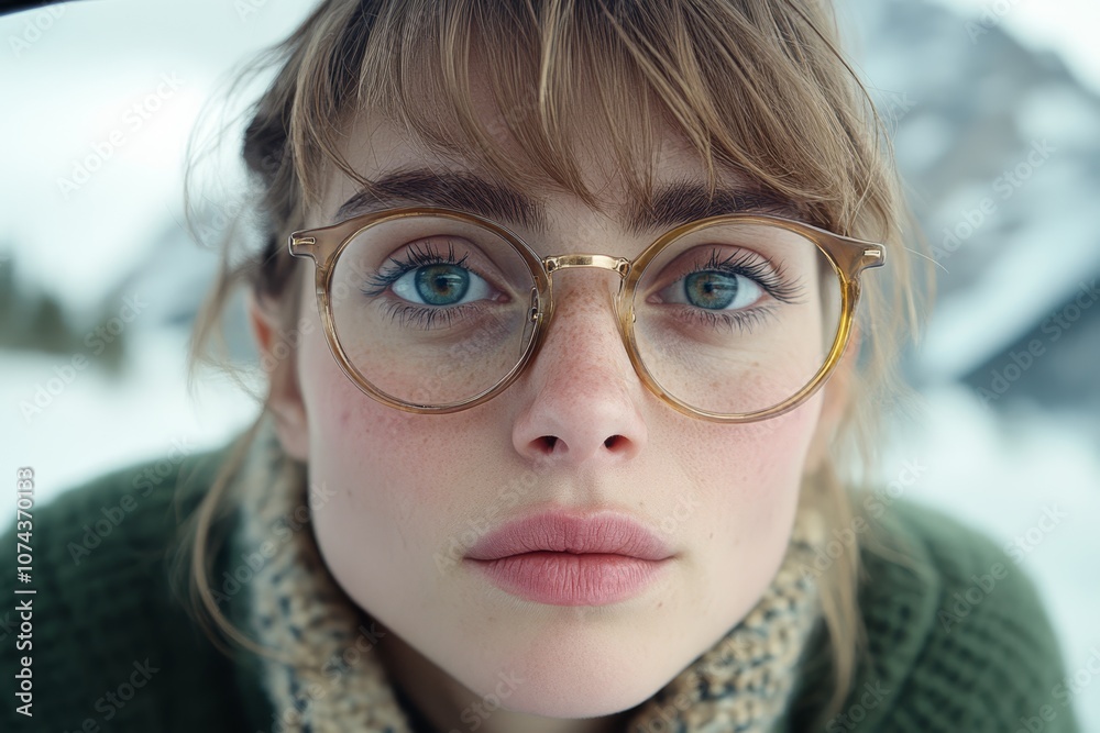A woman wearing glasses and a scarf in the snow A woman wearing glasses and a scarf in the snow