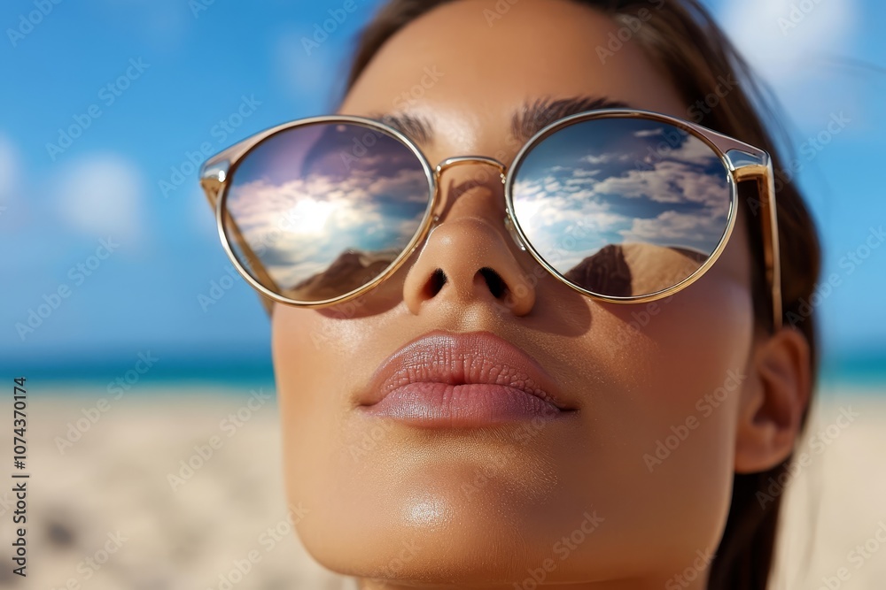 A woman wearing a pair of sunglasses on the beach A woman wearing a pair of sunglasses on the beach