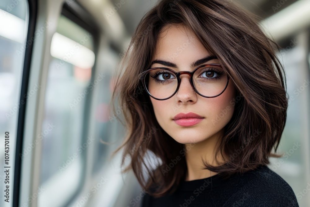 A woman wearing glasses looking out the window of a train A woman wearing glasses looking out the window of a train