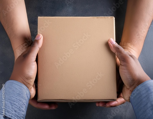 A brown cardboard box being handed between two hands, representing the process of shipping and receiving photo