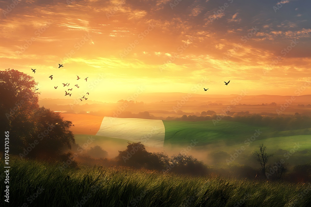 Fototapeta premium A landscape with a silhouette of trees in the foreground, a colorful sky with birds flying, and a hazy, atmospheric background
