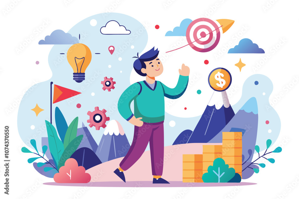 A person envisions their goals while surrounded by mountains, light bulbs, and target symbols, Learn how to make your dreams come true with a simple illustration. A person envisions their goals while surrounded by mountains, light bulbs, and target symbols, Learn how to make your dreams come true with a simple illustration.