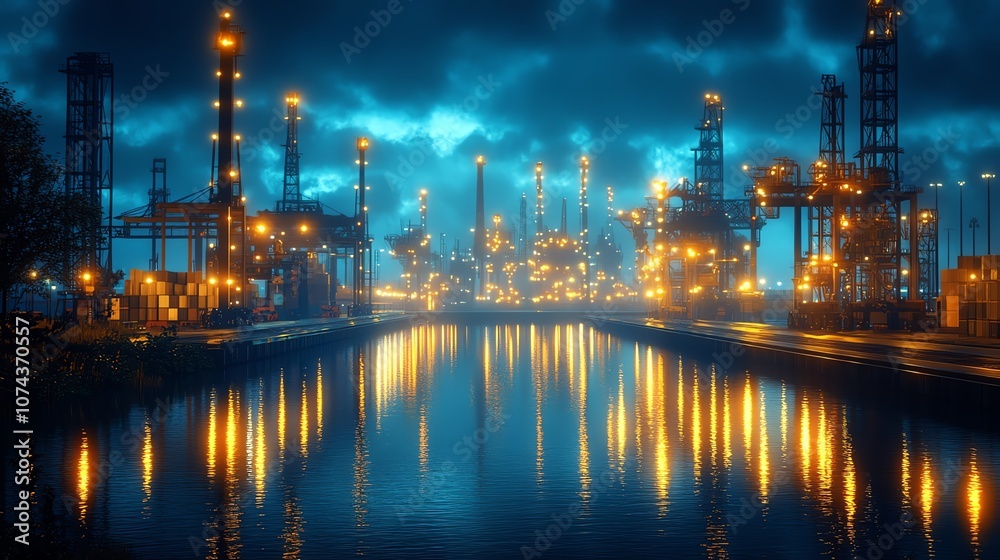 Illuminated industrial landscape reflecting in water at dusk. Illuminated industrial landscape reflecting in water at dusk.