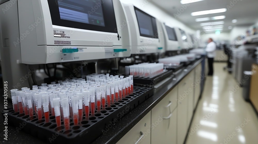 Fototapeta premium Laboratory scene with test tubes and analytical machines, clinical environment