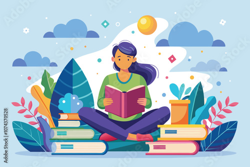 A girl sits cross-legged, deeply focused on reading colorful books while surrounded by greenery and bright skies, Learn by reading books with flat illustrations.