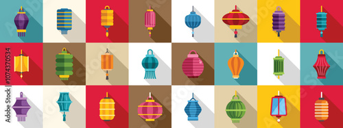 Paper glowing lantern icons set. Vibrant collection of chinese lantern icons in different shapes, colors, and styles, perfect for cultural or festive designs