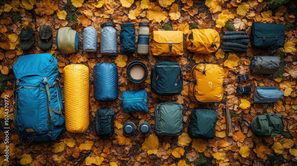 Fototapeta premium Organized outdoor gear on autumn leaves for travel preparation.