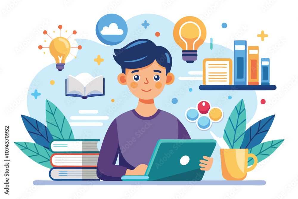 A student is focused on studying at a desk, surrounded by books and ideas represented by illustrations, Learn quickly and easily with simple illustrations. A student is focused on studying at a desk, surrounded by books and ideas represented by illustrations, Learn quickly and easily with simple illustrations.